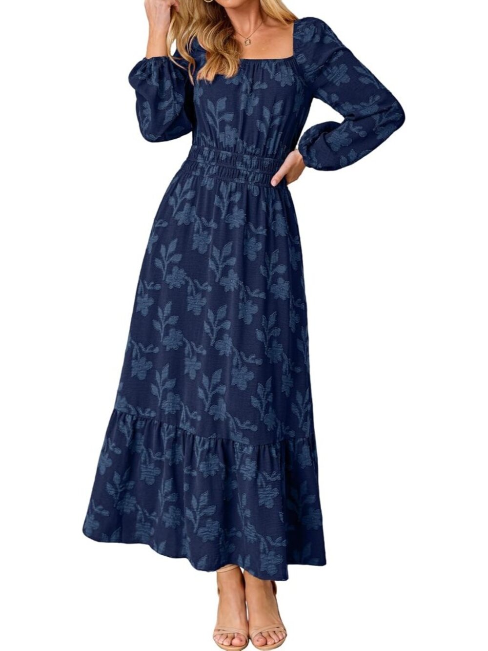 🆕 Women's Navy Long Sleeve Square Neck High Waist Boho Casual Maxi Dress